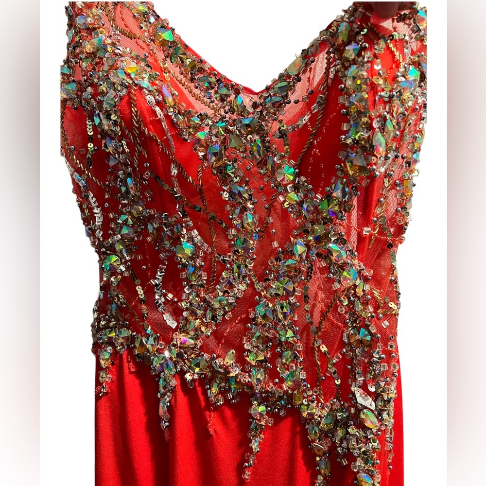 JVN by Jovani 91220 Coral Long Fitted Sheer One Shoulder Gown, Size 6 - Picture 3 of 8